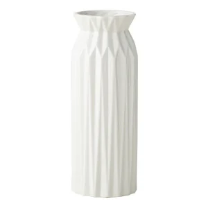 VS9303 white tall ceramic vase with diamond vertical ridges, faceted ribbed flower holder, modern minimalist ceramic home decor