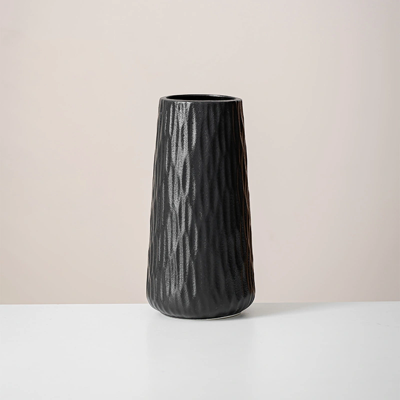 VS9305 black ceramic vase with slanted vertical texture, tall textured floral vase, versatile ceramic ornament for dried & fresh flowers