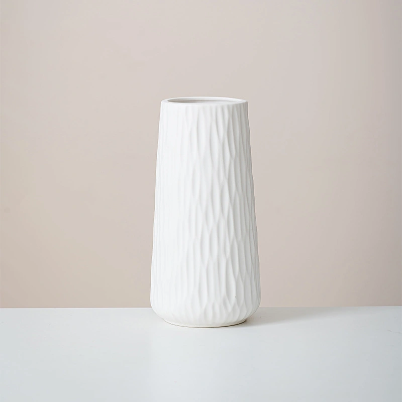 VS9305 white ceramic vase with slanted vertical texture, tall textured floral vase, versatile ceramic ornament for dried & fresh flowers