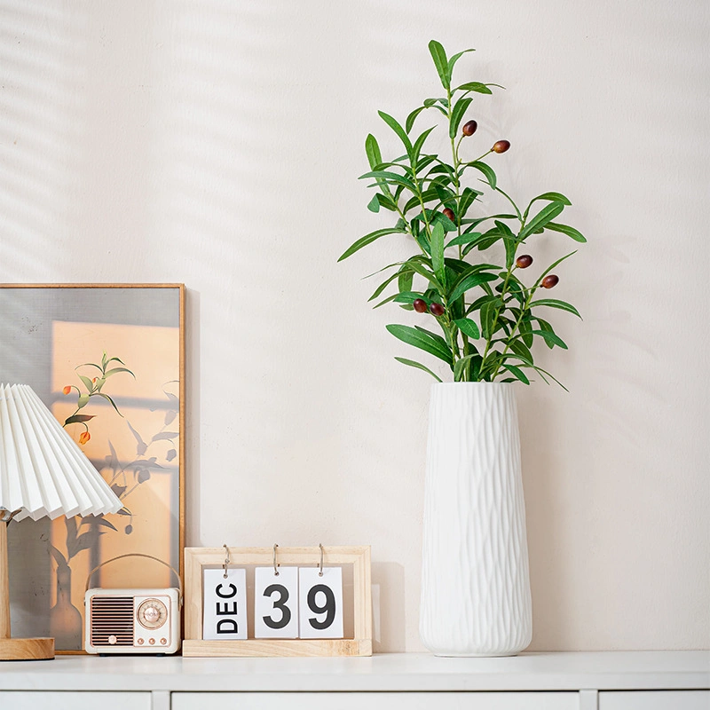 VS9305 white ceramic vase with slanted vertical texture, tall textured floral vase, versatile ceramic ornament for dried & fresh flowers
