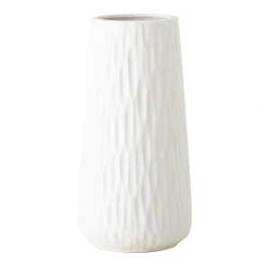 VS9305 white ceramic vase with slanted vertical texture, tall textured floral vase, versatile ceramic ornament for dried & fresh flowers