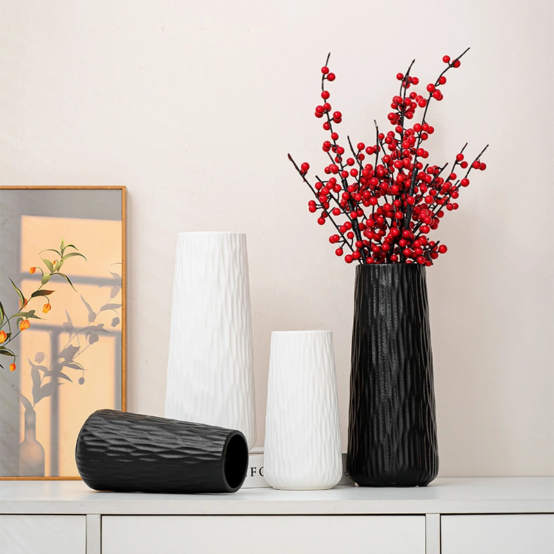 VS9305 white and black ceramic vase with slanted vertical texture, tall textured floral vase, versatile ceramic ornament for dried & fresh flowers